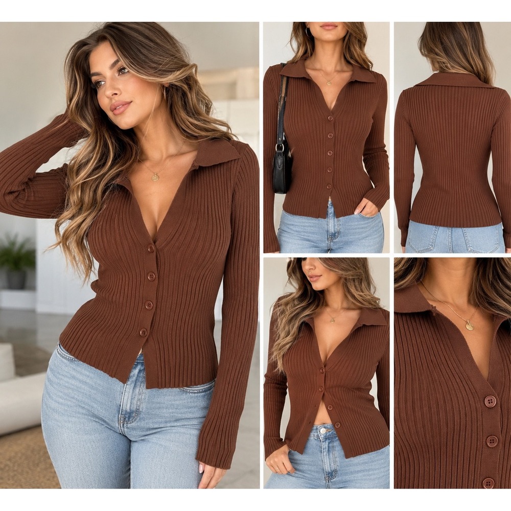 Emerson Lang Ribbed Cardigan Womens XL Brown Viscose Collared Button Up Top